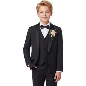 WULFUL Boys 5 Pieces Tuxedo Suit Set Kids Suits Shawl Collar Jacket Pant Vest Bow Tie for Wedding Ring Bearer Party Prom (Black)