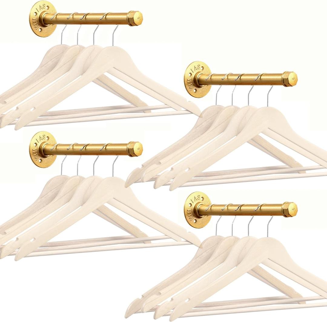 Industrial Golden Pipe Clothing Rack 8 Inch, 4 Pcs Gold Pipe Shelf Brackets, Wall Mounted Clothes Rack, Heavy Duty Vintage Metal Garment Bracket for Wardrobe Clothes Display