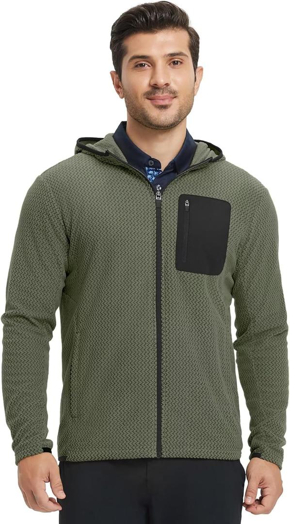 M MAELREG Fleece Hoodies Jacket Men Full Zip with 3 Zip Pockets Lightweight Soft Warm Hoodie for Golf Athletic Travel (Green)