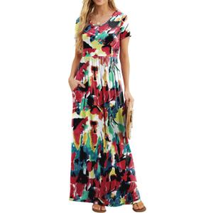 GRECERELLE Women Summer Casual Maxi Long Dress Short Sleeve Crew Neck with Pockets, Size S-3XL (M)