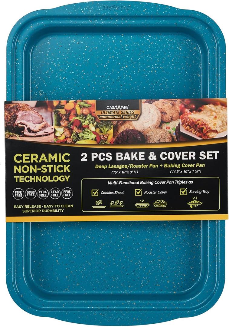casaWare Ceramic Coated Non-Stick 2pc Bake & Cover Set Ultimate Commercial Weight, 15x10x3-inch Deep Lasagna/Roaster Pan and 14x9.5x3/4-inch Cookie Sheet/Baking Cover Pan with Handles (Blue Granite)