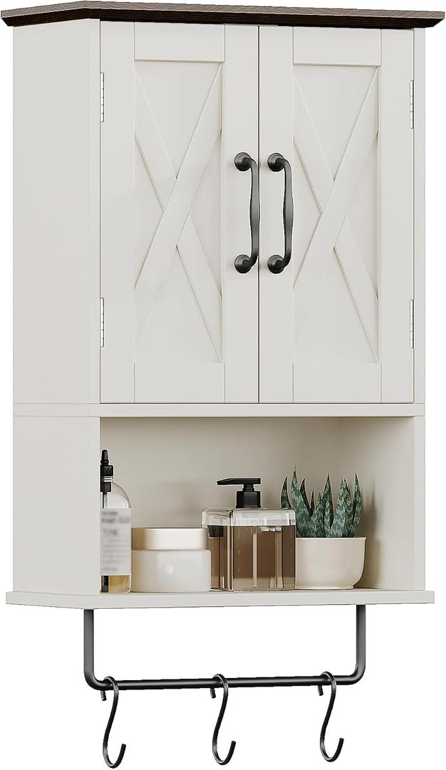 ChooChoo Farmhouse Medicine Cabinet, Bathroom Wall Cabinet with Adjustable Shelf, Towel Bar, 3 Hooks, Over The Toilet Storage Cabinet for Bathroom, Kitchen, 19.3''L, Antique White & Brown, 7"D x 19.3"W x 26"H
