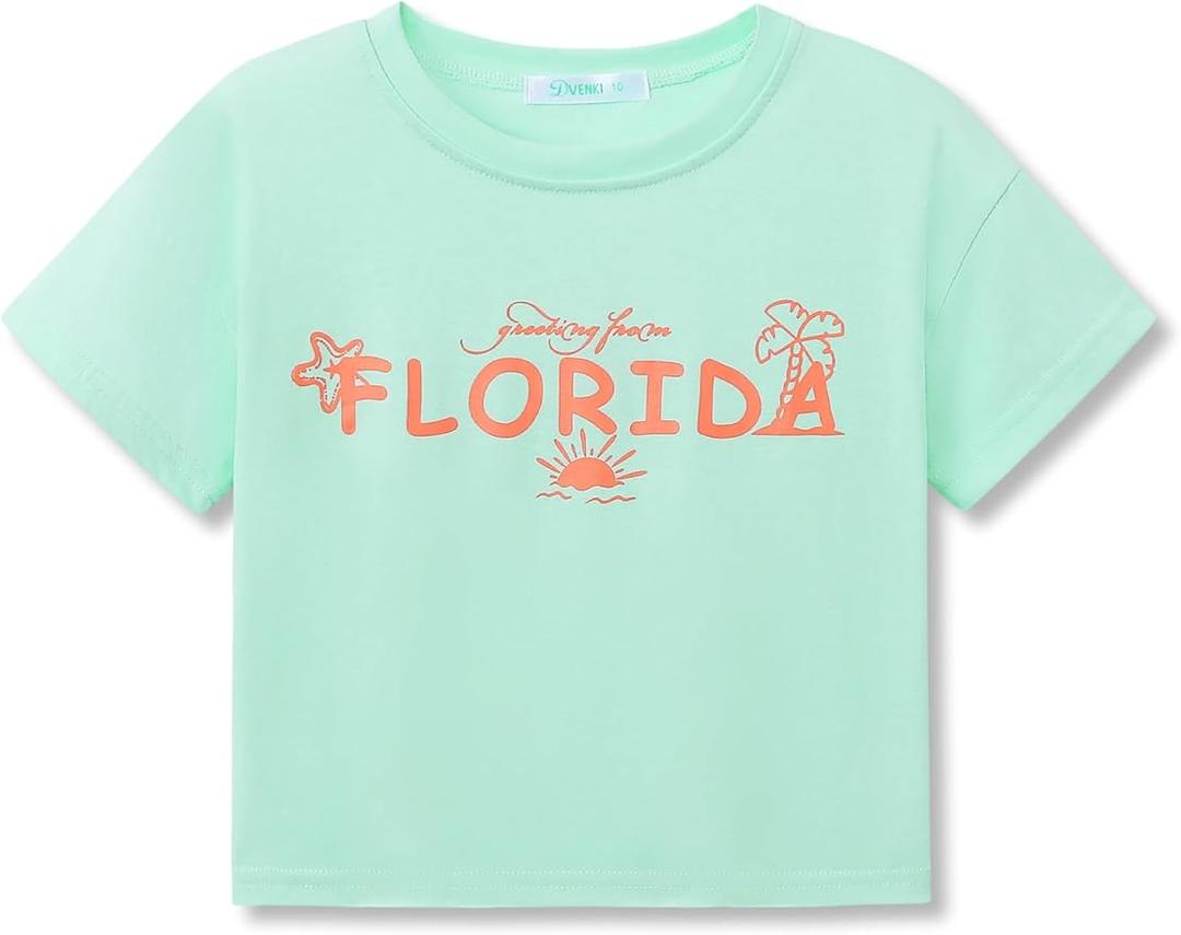 Dvenki Girls Short Sleeves Summer Crop Top - Blue Green Graphic Crew Neck Fashion Casual Tee for Kids Size 7/8