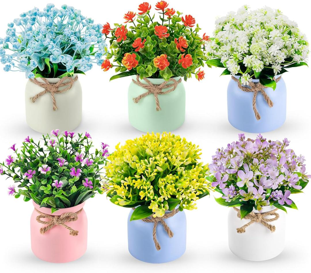 Der Rose 6 Pack Fake Plants Flowers Small Artificial Faux Plants in Plastic Macaron Pot for Home Bathroom Office Desk Accessories Wedding Decor Indoor