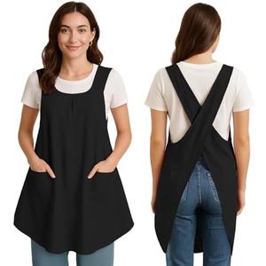 ROLOSI  Pack of 2 Apron for Women with Pocket Cotton Linen, Japanese Cross Back Apron for Gardening Painting
