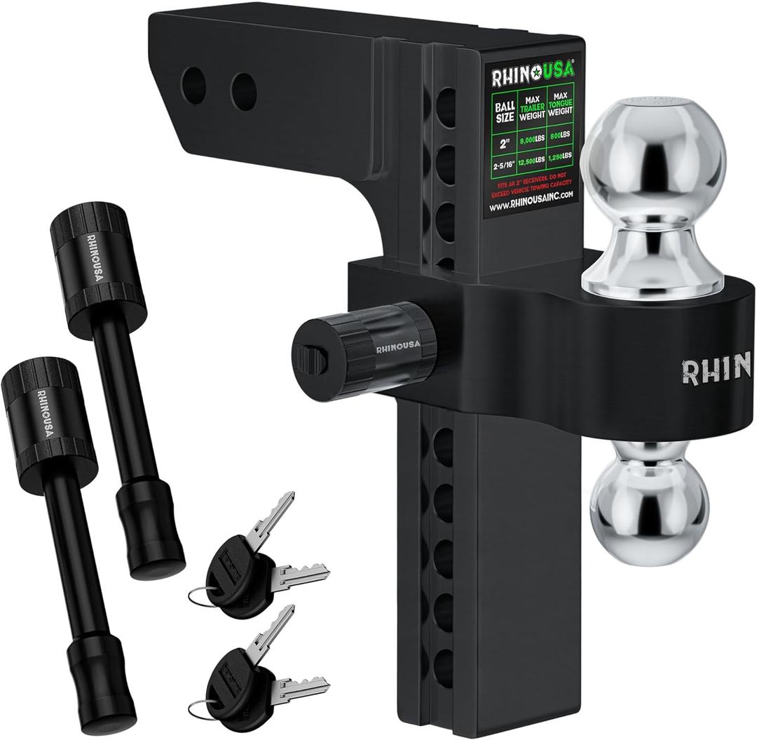 Rhino USA Adjustable Trailer Hitch (Fits 2-Inch Receiver)-Heavy Duty Aluminum Tow Hitches with 10-Inch Drop/Rise for Truck (12,500 LBS GTW) - Weatherproof Double Anti-Theft Locking Hitch Pins (Black)