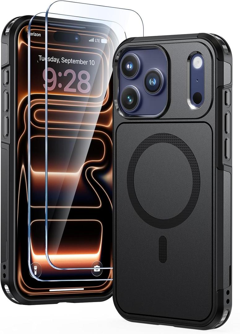 Lanhiem Magnetic for iPhone 17 Pro Case, with [2 Pcs Screen Protector] [Compatible with MagSafe] Shockproof Heavy Duty Military Grade Protective Phone Case Cover for iPhone 17 Pro (Black)