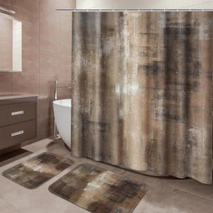 ArtSocket Brown Bathroom Set with Shower Curtain and Rugs Accessories, Brown Grey Abstract Modern Shower Curtain Set Abstract Bathroom Decor 3 Pcs