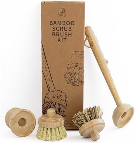 Cactus Cradle Bamboo Scrub Brush Kit – 2-Piece Dish Brush Set | Plastic-Free, Non-Toxic, Non-Scratch Cleaning for Dishes, Pots, Pans & Produce