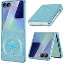 Maxdara for Z Flip 7 Magnetic Case, Bling Galaxy Z Flip 7 Case with Built-in Outer Screen Protector Luxury Slim Cover, Light Blue