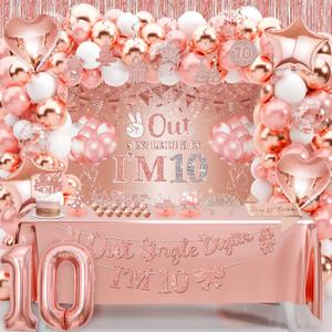 10th Birthday Decorations for Girls Rose Gold, Peace Out Single Digits Party Decor, Double Digits Party Supplies with Out Single Digits Im 10 Banner Sash Tiara Backdrop Tablecloth Number 10 Balloon