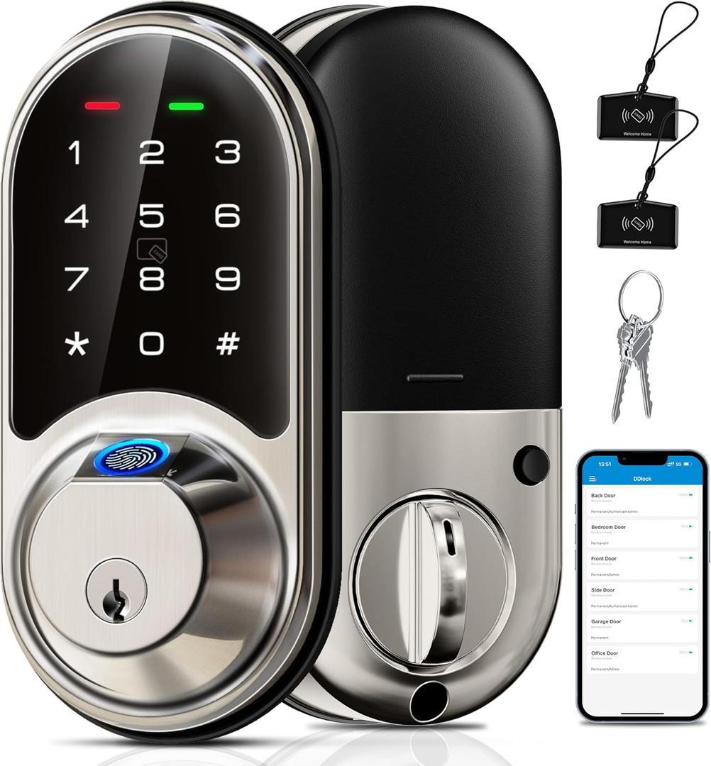 Veise RZ07 Fingerprint Smart Lock, 7-in-1 Smart Locks for Front Door, Keyless Entry Door Lock with App Control, Biometric Electronic Touchscreen Keypad Deadbolt, Satin Nickel