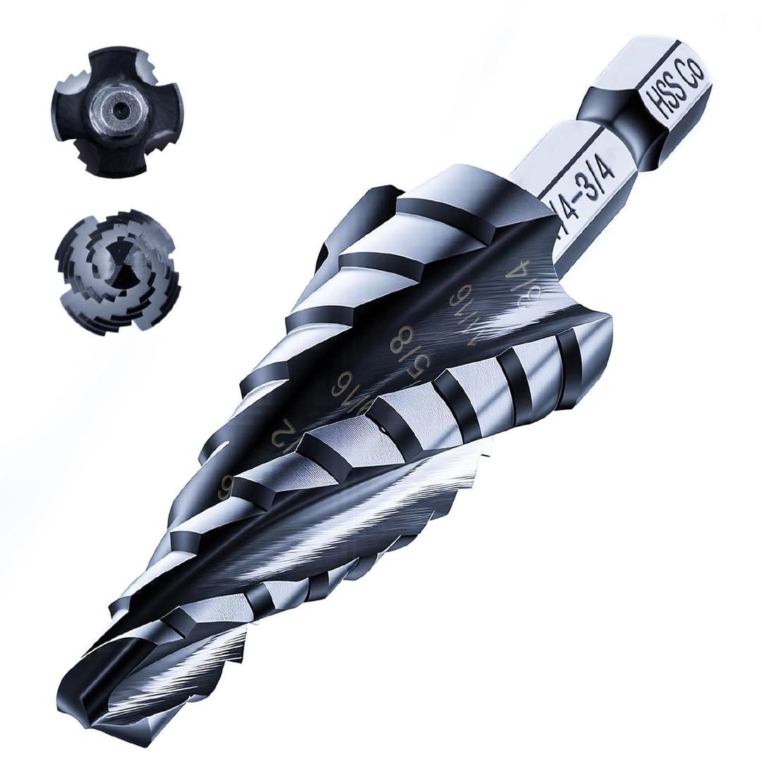 toolant Four Spiral Flute Cobalt Step Drill Bit(Pro), 1/4"-3/4" Impact Ready Unibit Step Drill Bit, 1/4" Hex Shank Step Bits for Metal, Stainless Steel, Aluminum, Plastic