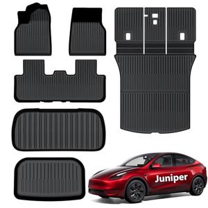 AUXKO All Weather Floor Mats for 2025 2026 New Tesla Model Y Juniper Cargo Mat with Backrest Mat & Front Trunk Liner & Rear Cargo Mat Car Full Set TPE Liners Accessories Guard Odorless Anti-Slip Mats