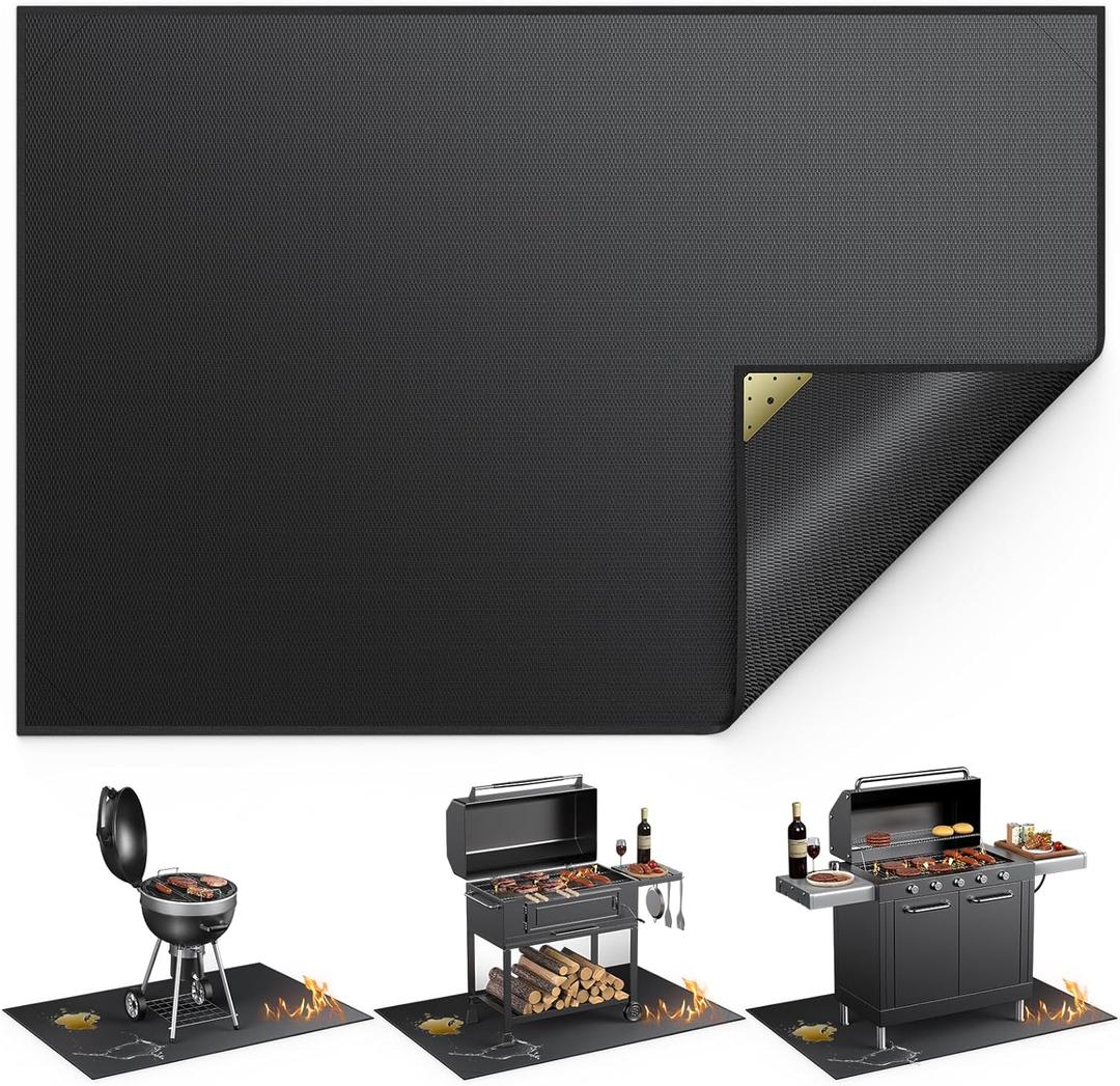 Non-Curl 60x40 inch Under Grill Mats for Outdoor Grill, Indoor Fire Pit Hearth Rugs for Fireplace, Double-Sided Fireproof, Oilproof & Waterproof BBQ Grill Mat, Easy to Clean,for Deck/Patio/Lawn