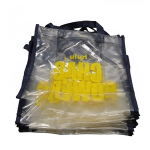 small clear tote bag, " CHAD POWERS" logo, navy blue straps, yellow logo, 10 pack