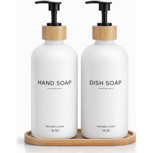Hand and Dish Soap Dispenser Set,16oz Glass Bottles with Printed Labels, Bamboo Tray & Pump,Countertop Soap Dispensers for Kitchen,Luxury, Minimalist & Farmhouse Decor (Hand Dish (White))