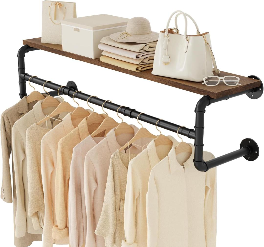 Yawinhe Industrial Pipe Clothing Rack with Shelves, Wall Mounted, Space Saving Closet Rod with 4 Bases, for Shops, Homes, 41.3''Lx10.2''Wx10.2''H, Rustic Brown, 1-Pack