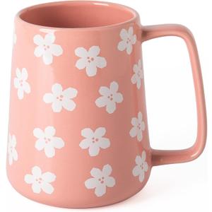 Ceramic Coffee mugs, 24 oz, Extra Large Mugs, Big Tea&Coffee Cups, Large Handle, Floral Pattern,Pottery Mugs,Wide Bottom Coffee Mug for Office/Home, Microwave and Dishwasher Safe. (Pink)