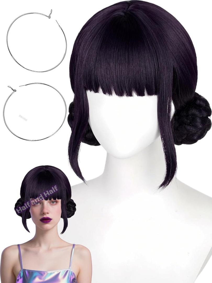 Black Purple Anime Cosplay Wig + Earrings Dark Purple Costume Wigs with Bangs & Twin Braid Buns for Women Halloween Party Daily