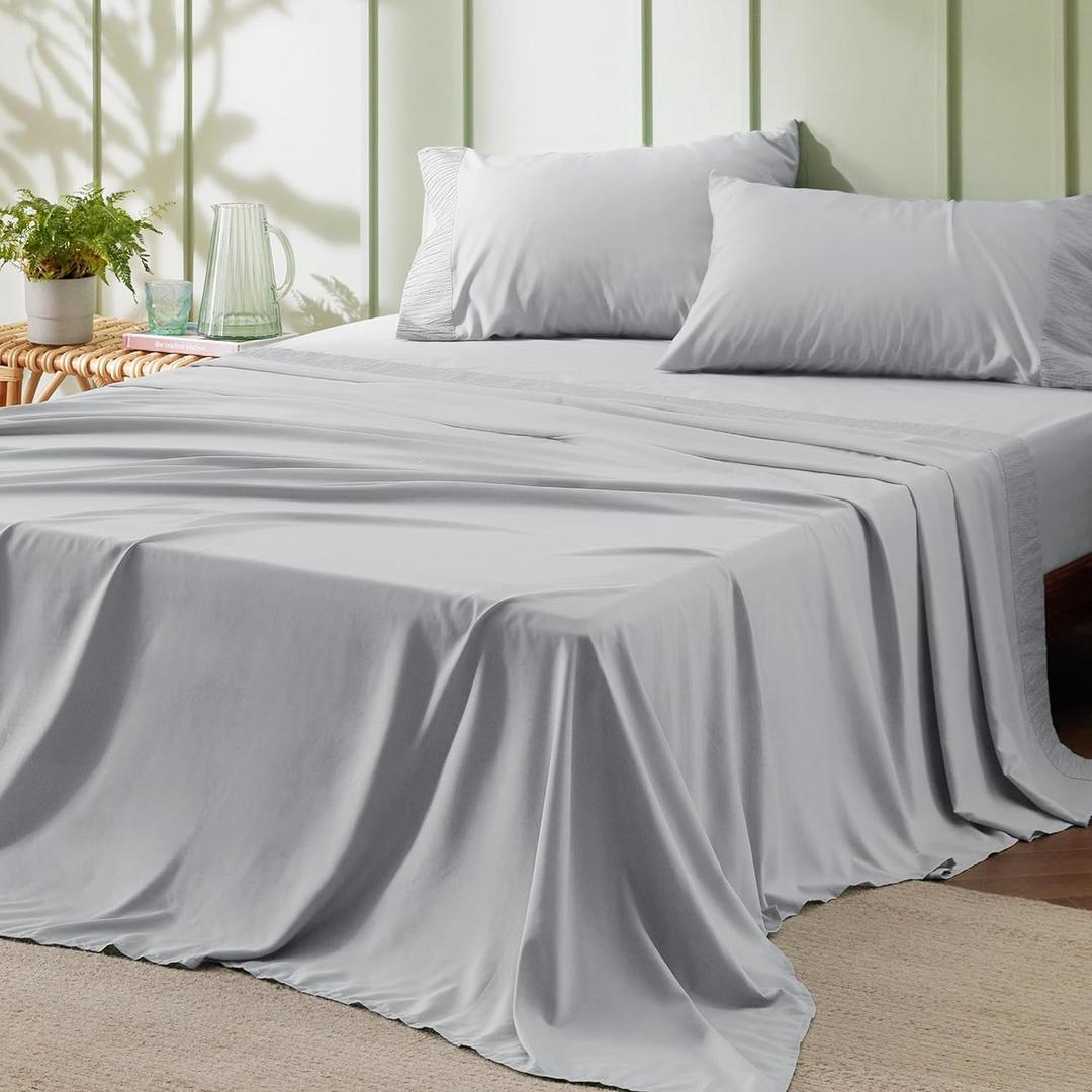 Bedsure Full Size Bed Sheets - 4 Pieces Soft Full Sheet Set - Breathable & Cooling - Hotel Luxury - Easy Care Polyester Microfiber Bedding for Women, Men, Light Grey (Full, 07 - Light Grey)