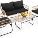 Kromax 4 Piece Patio Bistro Outdoor Furniture Set, Wicker Sofa, 2 Rattan Chairs, and Table, Backyard Conversation Set, All Weather Cushions, Natural Rattan Black Cushion