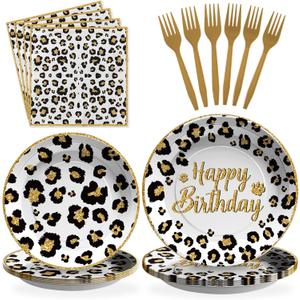 Grencian 96 Pcs Cheetah Print Birthday Decorations White Leopard Plates and Napkins Leopard Print Party Supplies Safari Themed Paper Plates for Jungle Safari Cheetah Theme Party Baby Shower Serves 24