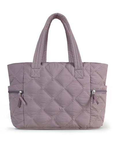 Prite Quilted Tote Bag for Women, Lightweight Puffer Tote with Zipper, Travel Work Nurse Gym Bag(Purple)