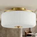 3-Light Gold Flush Mount Ceiling Light, 11.8" Modern Schoolhouse Light Fixtures Ceiling Mount with Ribbed Opal White Glass Shade, Anti-Glare Close to Ceiling Lamp for Bedroom Kitchen Hallway Entryway, 11.8inch Full Flush