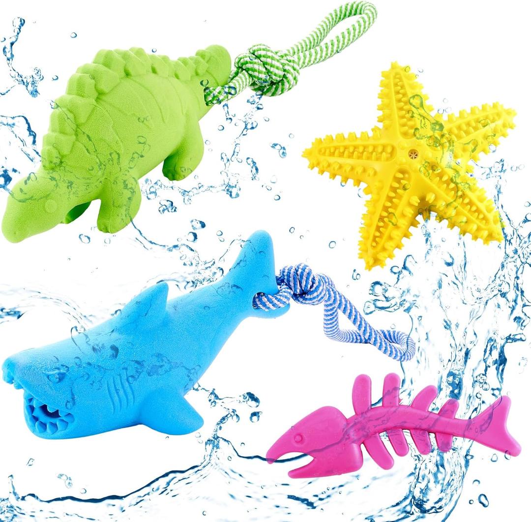 4 Pack Floating Dog Toys for Aggressive Chewers Summer Interactive Fetch Games Natural Teeth Cleaning for Small Medium Dogs Shark Dino Fish Starfish Set