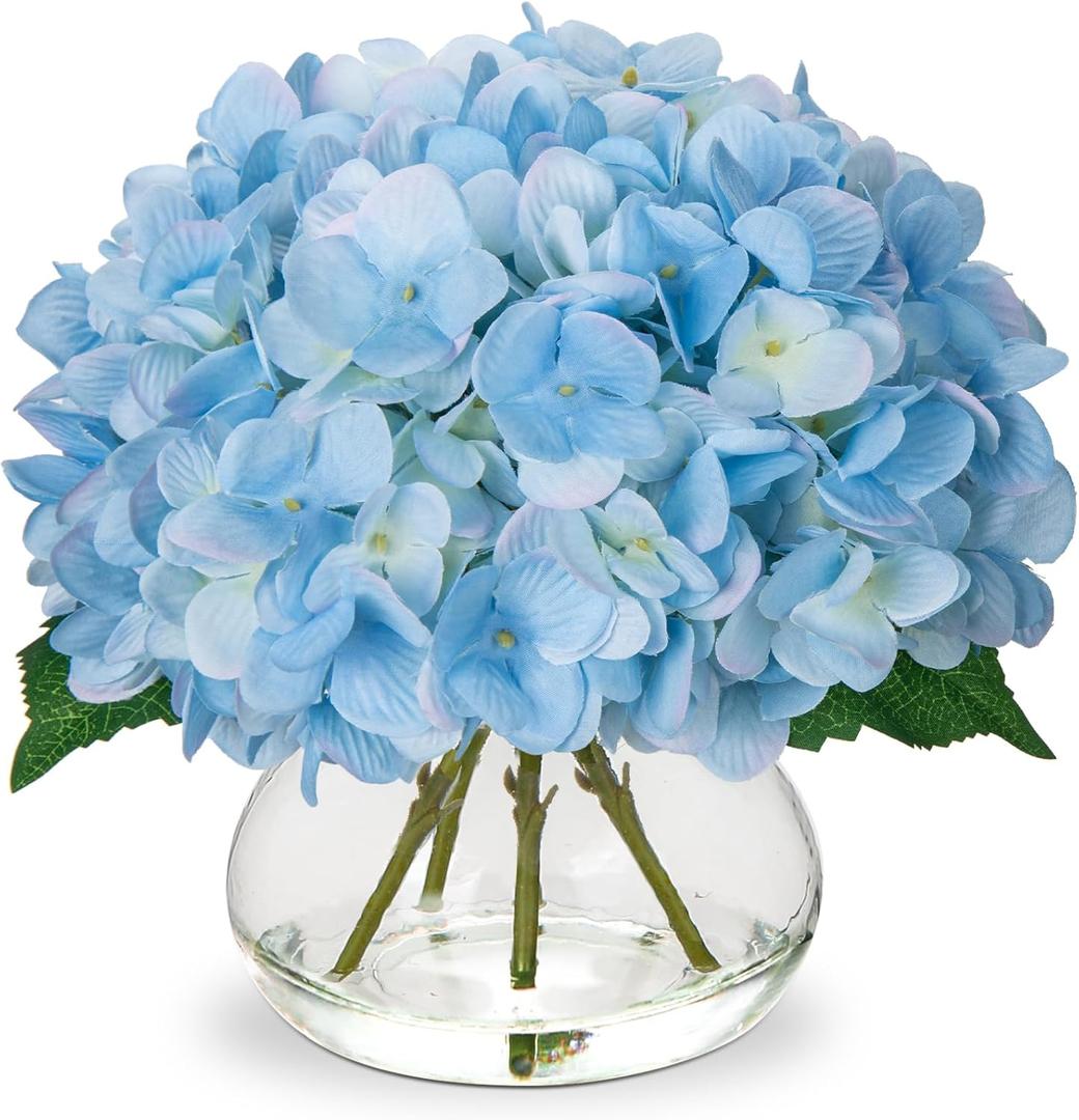 Hollyone Blue Hydrangea Fall Flowers Artificial for Decoration with Glass Vase Autumn Silk Faux Flower Arrangements with Fake Water Table Centerpiece Vase with Flowers Fall Decorations for Home