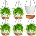 Amyhill 6 Pcs 8 Inch Hanging Planter for Indoor Plants Self Watering Hanging Pot Baskets with Drainage Hole Visible Water Level Tray with Hooks for Garden Outdoor (White)