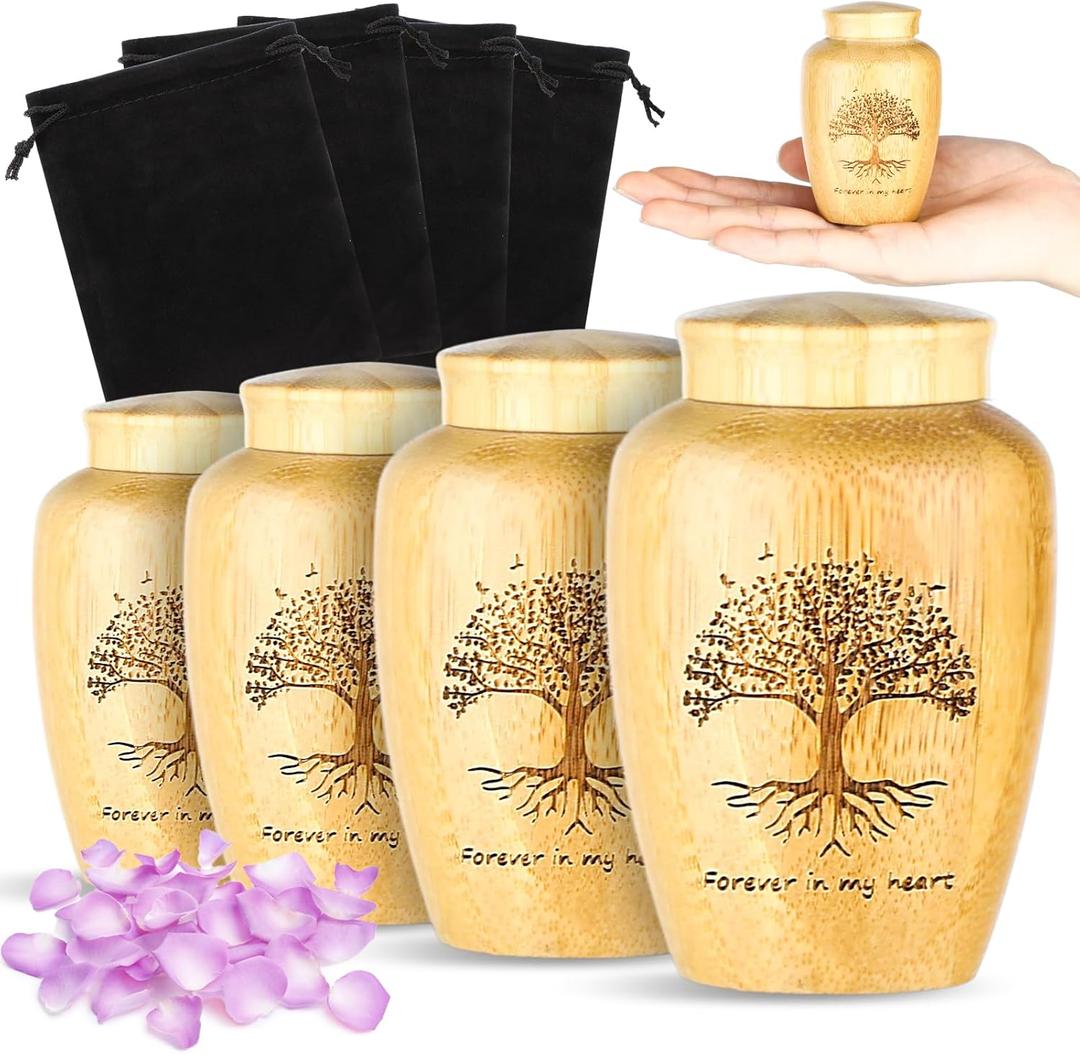 4 Sets Small Urn for Human Ashes Mini Urns with Tree Pattern Engraved Biodegradable Bamboo Cremation Urns for Human Ashes Pet Urn Caskets with Black Velvet Bags for Humans Pet Dog Cat Ashes