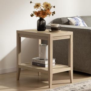 SICOTAS Rattan Nightstand Bedside Table - Farmhouse Boho Narrow Accent End Table with 2 Open Rattan Shelves for Bedroom, Living Room, Small Spaces - Light Oak (1 Piece)
