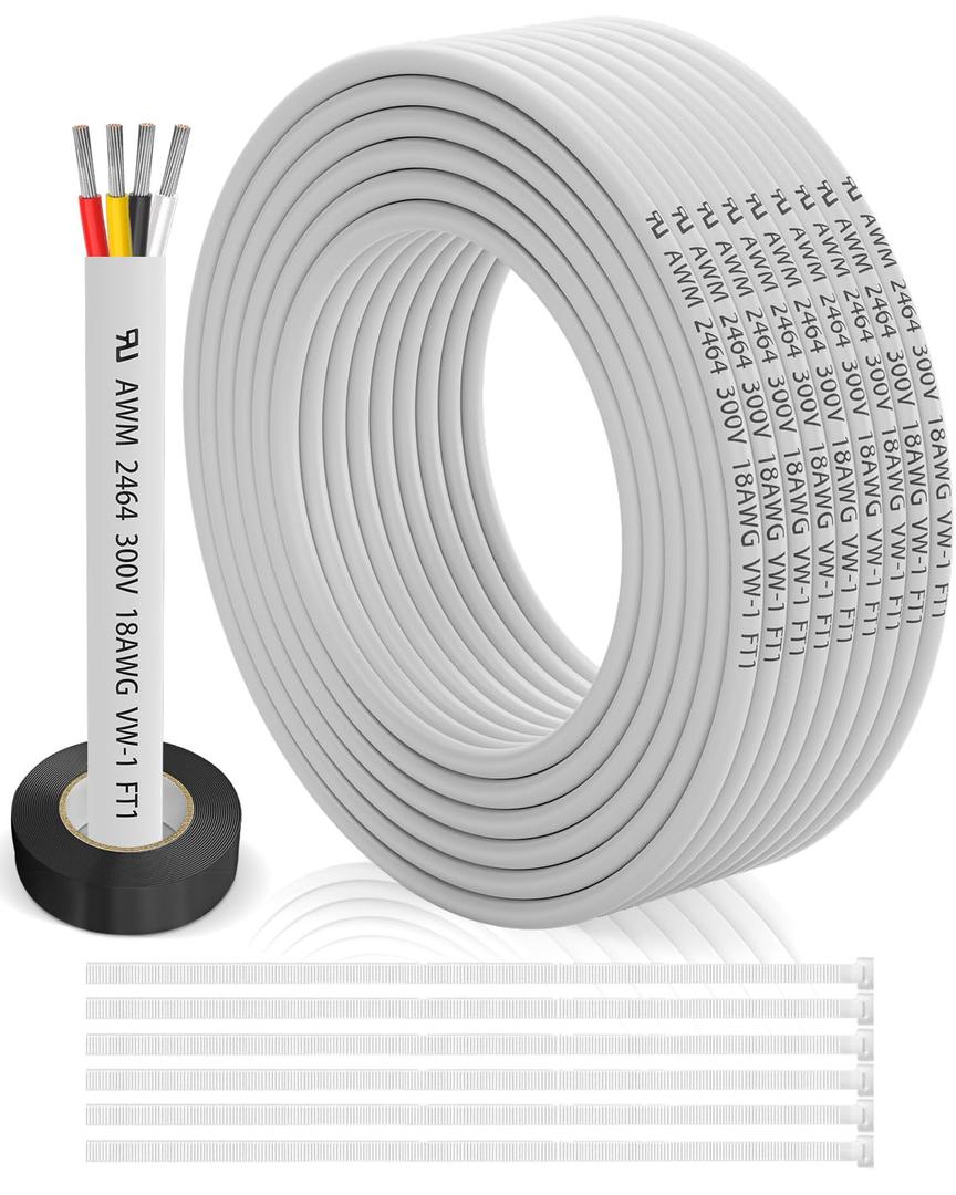 18 Gauge Wire 4 Conductor Electrical Wire 30FT, 18 AWG 4 Core Cable Tinned Copper/PVC Flexible/Stranded 18/4 Cord for Automotive, LED Lighting, 12V 24V Low Voltage Cable, Marine etc.