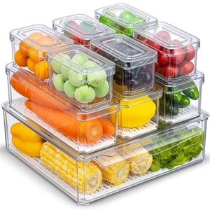 KUMD 6-Pack Clear Fridge Organizer Bins with Lids, Stackable Refrigerator Storage Containers, BPA-Free with Drain Tray & Anti-Slip Base for Fruits, Veggies, Drinks