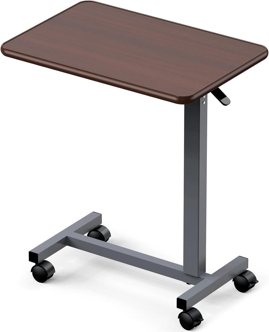 WOTURE Adjustable Overbed Table with Wheels, Pneumatic Height Adjustment, Ideal for Hospital Use or At Home as Bed Tray, Standing Desk, Bedridden & Mobility Needs, Walnut