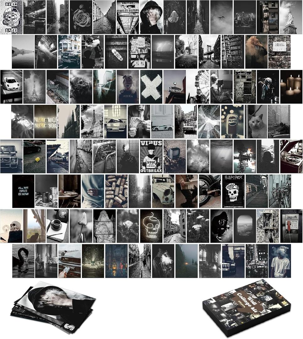 Photo Collage Kit Gloomy for Wall, 100 Pictures Black and White Aesthetic Posters for Wall Decor | Dark Academia Retro Decor for Bar