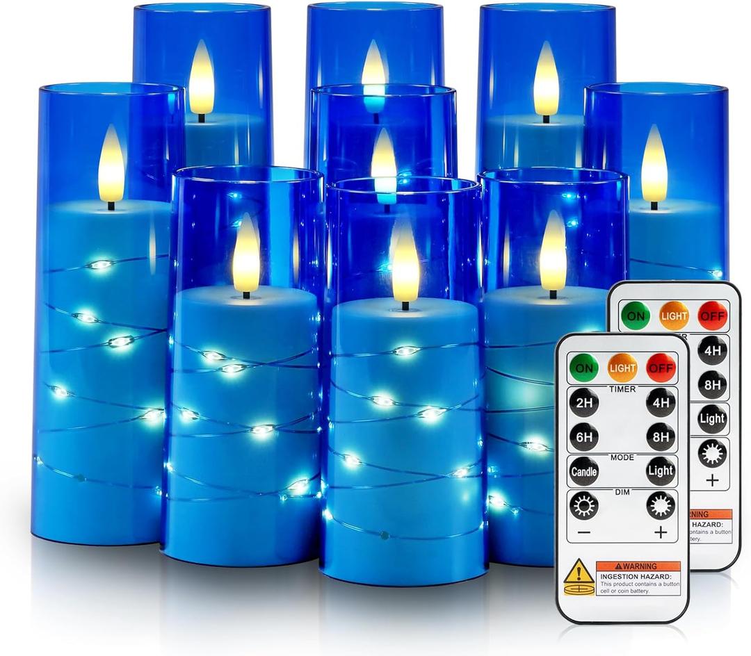 Raycare Independence Day Flameless Candle with Remote Timer 9 Flickering Acrylic Battery Operated LED Pillar Candles with Embedded Star String for 4th of July Home Patriotic Decor, as a Gift (Blue)