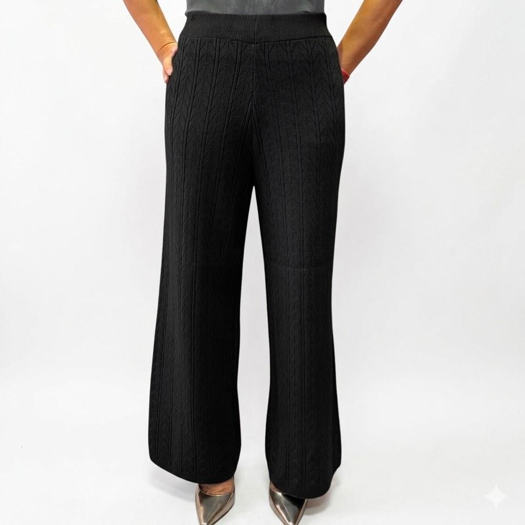 Women's Knit Wide Leg Pants, Cable Pattern, Elastic Waist, Black. Free Size. One Size