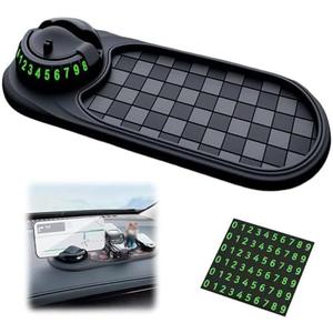 Multifunction Car Anti-Slip Mat, Car Dashboard Mobile Phone Holder, Rotating Anti Slip Mat Auto Phone Holder with Temporary Parking Number, Auto No Slip Pad for Phone, Sunglasses, Key (Gary+Black)