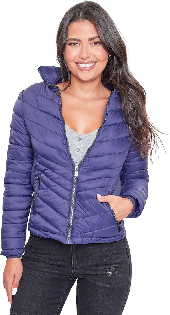 YMI Women's Junior Full Length Puffer Jacket with Detachable Sherpa Hood (Medium, Navy)