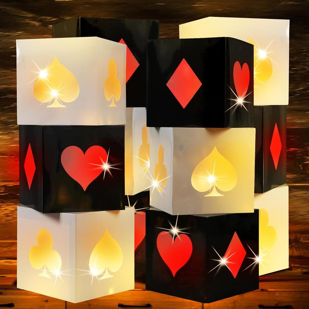 6 Set Casino Favor Boxes with String Light 11.8 x 11.8 x 11.8 Inch Casino Theme Party Decorations Large Casino Birthday Party Balloon Boxes for Game Night Las Vegas Party Decor