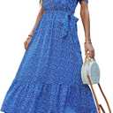 PRETTYGARDEN Women's Summer Floral Boho Maxi Dress Wrap Short Sleeve V Neck Ruffle A-Line Flowy Wedding Guest Long Dresses (Medium)