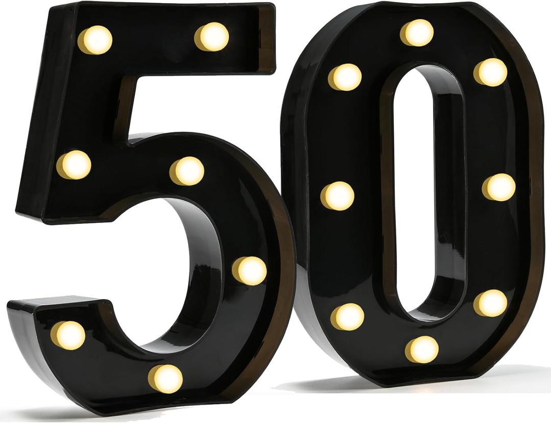 Pooqla Decorative Led Light Up Number Letters, Black Plastic Marquee Number Lights Sign for 50th Birthday Party Wedding Decor Battery Operated Black Decoration 50 (8.86 in)