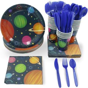 Juvale Outer Space Party Supplies Bundle Plates, Napkins, Cups, and Cutlery - Serves 24, 144 Total Pieces for a Fun and Memorable Birthday Celebration - Space Party Plates