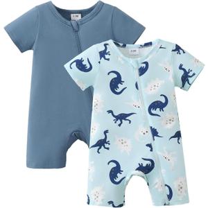 Newborn Baby Boy Clothes Summer Infant Boy Outfits Dinosaur Short Sleeve Zipper Rompers Jumpsuits Bodysuit 2 Pack (3-6 Months, Dw Blue)