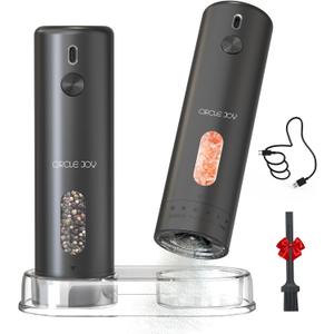 CIRCLE JOY Rechargeable Electric Salt and Pepper Grinder Set with Base, Automatic Pepper Mills with 110ml Container, External Adjustable Coarseness, White Led Light and One-Handed Operation, Black