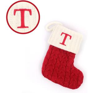 Christmas Stockings with Initials, 7.1 Inches Small Embroidered Letter Knit Red White Christmas Stocking for Family Holiday Decorations and Xmas Tree Fireplace (T)