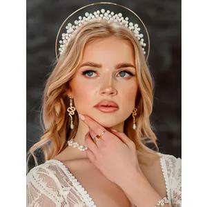 Wedding Pearl Gold Headband Goddess Headpiece Glitter Pearl Bride Headband Bridal Hair Accessories for Women